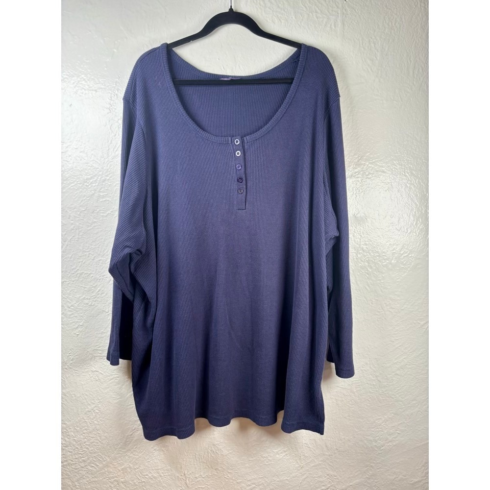 Roaman's Henley Top Navy Blue 3X Waffle Knit Long Sleeve Cabincore Layering
